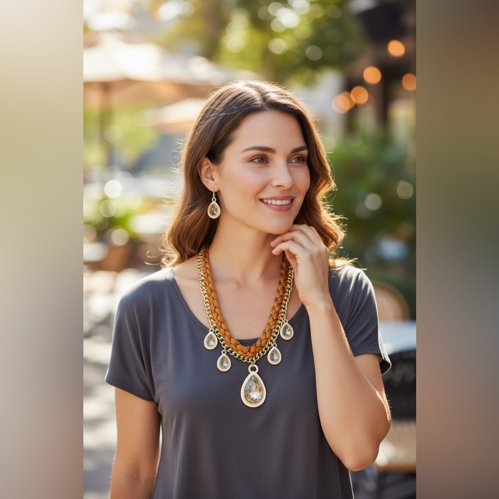 Gold Statement Teardrop Pendant Necklace and Earring Set NWOT